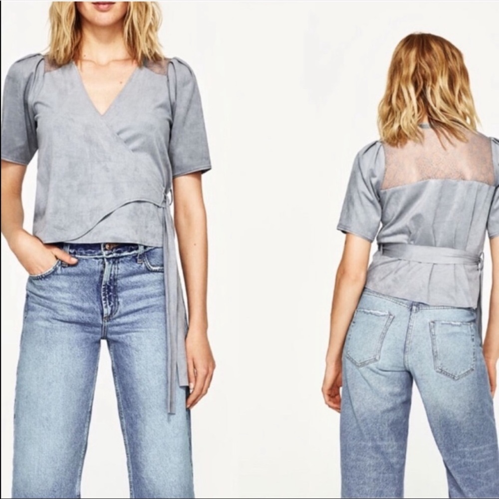Zara Basics Blue Faux Suede Lace Blouse Vest